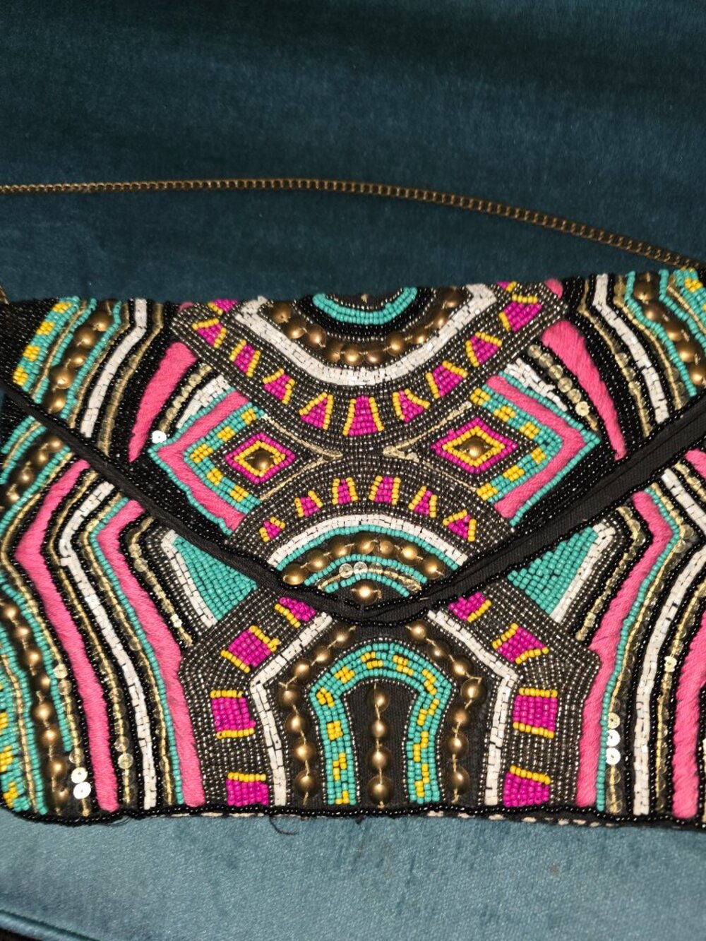 Black Turquoise Pink Hand Beaded Crossbody Shoulder Bag Boho Tribal Gold Detail
